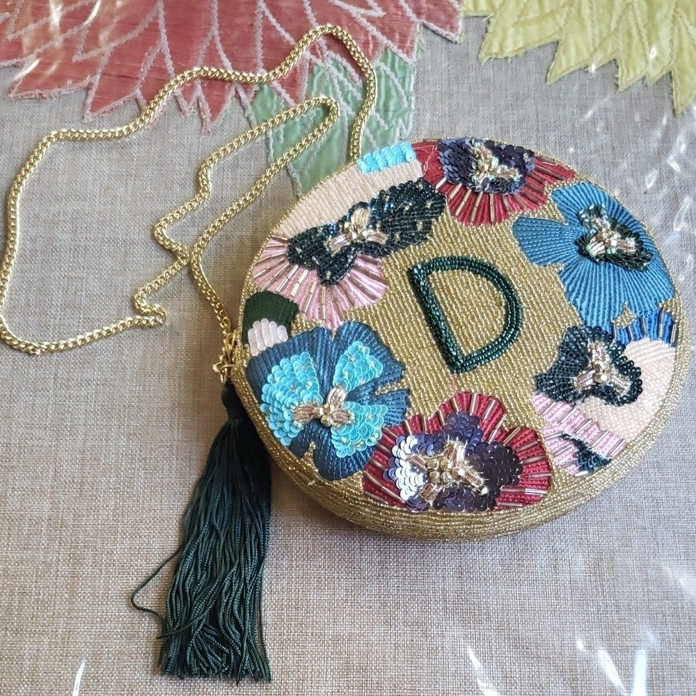 Anthropologie New Floral Embroidered Round Crossbody Bag with Tassel